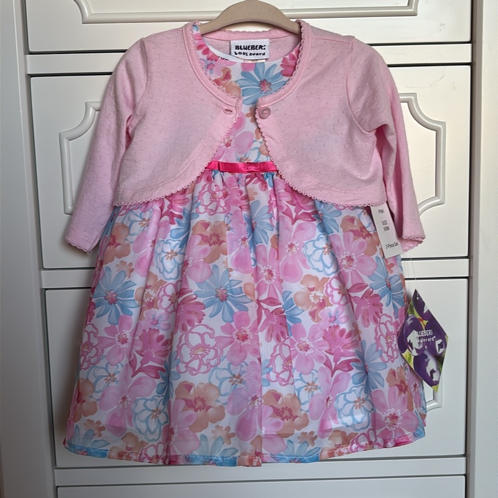 NWT Blueberi Boulevard Floral Printed Chiffon Dress & Cardigan Set 6-9 Months